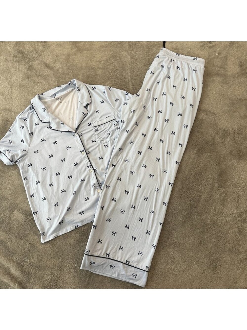 Gap Body Pajamas Set Blue Bow Pants Women's LARGE Sleep Short Sleeve Shirt
